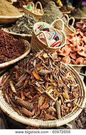 morrocan herbs flowers spices - cassia barks - in the Marrakesh street shop, shallow dof