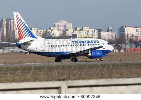 Transaero Airlines Boeing 737-524 aircraft preparing for take-off from the runway
