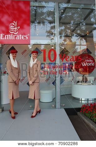 Emirates Airlines flight attendants at the Emirates Airlines booth at the US Open 2014