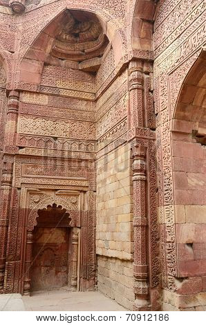 Remains Of Qutub Mosque In Delhi (india) Decorated With Sentences From Koran,islamic Holy Book