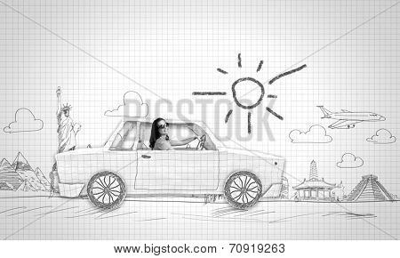 Young woman riding car made of list of paper