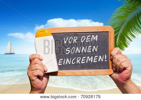 Text Message - Vor Dem Sonnen Eincremen On A Slate