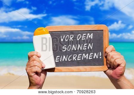 Text Message - Vor Dem Sonnen Eincremen On A Slate