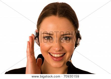 Preety Happy Asian Caucasian Business Woman With Headset