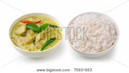 Thai Food Chicken Green Curry In The White Bolw And Rice On White Background