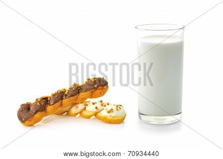 Glass Of Milk And Donut Isolated On White Background