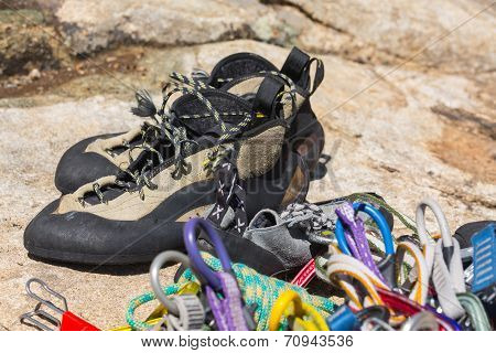 Close Up Of Rubber Climbing Shoe On Rock