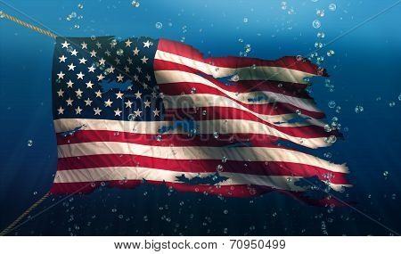 Usa America Under Water Sea Flag National Torn Bubble 3D