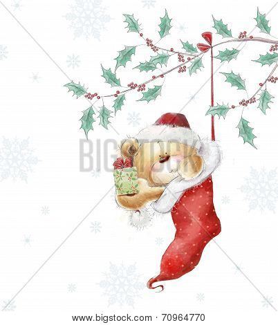 Cute teddy bear with the gift in the Santa hat.Childish illustration in sweet colors.Background with