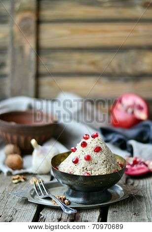 traditional Georgian vegetable snack of a pkhali in a vintage metal bowl