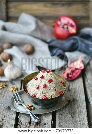 traditional Georgian vegetable snack of a pkhali in a vintage metal bowl