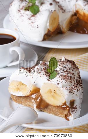 Piece Of Banana Cake Banoffee On A White Plate Vertical