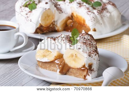 English Banoffee Pie On A White Plate Close-up Horizontal