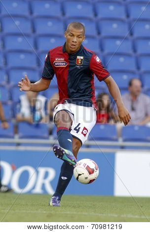 BARCELONA - AUG, 17: Sebastian De Maio of Genoa CFC in action during a friendly match against RCD Espanyol at the Estadi Cornella on August 17, 2014 in Barcelona, Spain