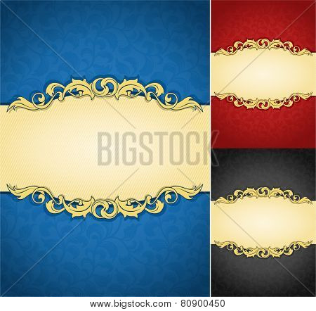 Luxurious golden frame banner with ornate wallpaper background