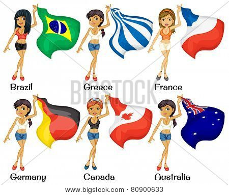 Illustration of girls holding flags