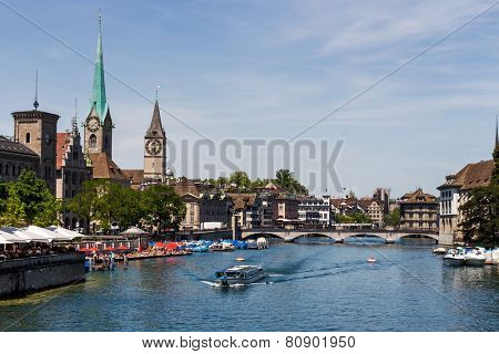 switzerland, zurich, great cathedral and river limmat