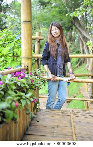Portrait Asia Young Woman Happy And Smile On Doi Tung Garden, Dhiang Rai, Thailand