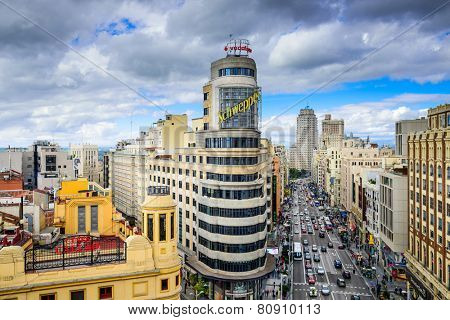MADRID, SPAIN - OCTOBER 15, 2014: Gran Via at the Iconic Schweppes sign. The street is the main shopping district of Madrid. 