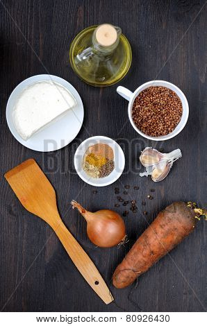 Ingredients For Cooking Boiled Buckwheat With Cheese And Carrot.
