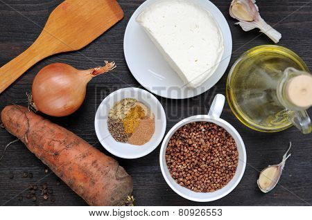 Ingredients For Cooking Boiled Buckwheat With Cheese And Carrot.