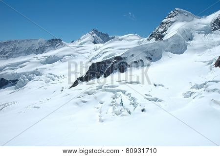 Crevasses, Ice And Snow Nearby Jungfraujoch In Switzerland