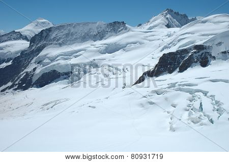 Crevasses, Ice And Snow Nearby Jungfraujoch In Switzerland