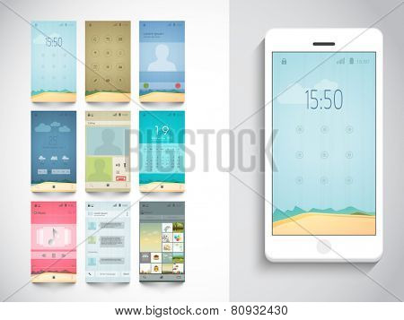 Stylish mobile screen layouts with different web features for mobile user interface on grey background.