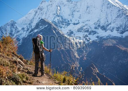 Hiker On The Trek In Himalayas, Manaslu Region, Nepal