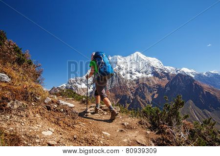 Hiker On The Trek In Himalayas, Manaslu Region, Nepal