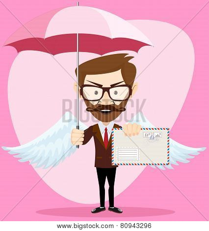 Angel Man-hipster with an umbrella Wings and Letter