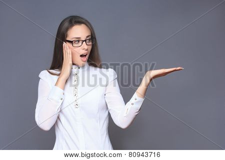 woman pointing her finger on imaginery button