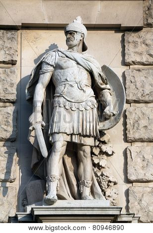 VIENNA, AUSTRIA - OCTOBER 10: Wilhelm Seib: Roman soldier, on the facade of the Neuen Burg on Heldenplatz in Vienna, Austria on October 10, 2014.