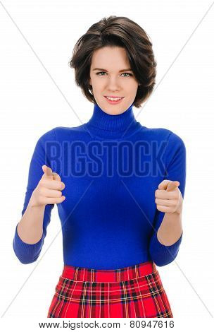 young woman pointing fingers