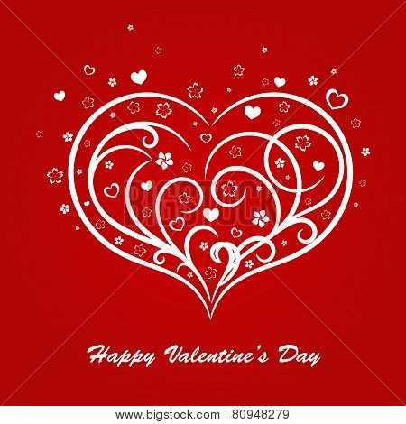 Valentine card with flowers and hearts on red background