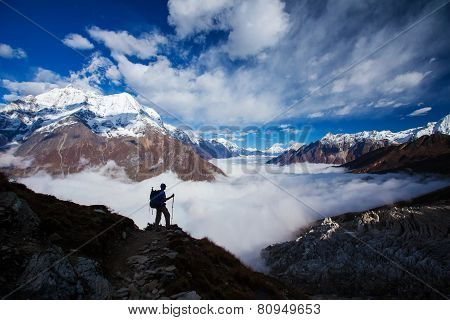 Hiker On The Trek In Himalayas, Manaslu Region, Nepal