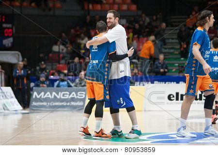 VALENCIA, SPAIN - JANUARY 21: Labovic (R) and Nedovic (L) during Eurocup match between Valencia Basket Club and CSU Asesoft at Fonteta Stadium on January 21, 2015 in Valencia, Spain