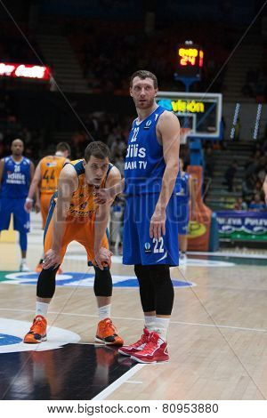 VALENCIA, SPAIN - JANUARY 21: Runkauskas (R) and Nedovic during Eurocup match between Valencia Basket Club and CSU Asesoft at Fonteta Stadium on January 21, 2015 in Valencia, Spain