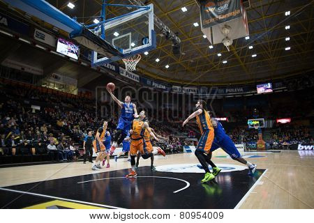 VALENCIA, SPAIN - JANUARY 21: Runkauskas with ball during Eurocup match between Valencia Basket Club and CSU Asesoft at Fonteta Stadium on January 21, 2015 in Valencia, Spain
