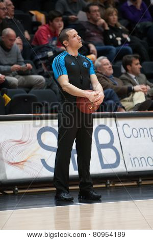 VALENCIA, SPAIN - JANUARY 21: One referee during Eurocup match between Valencia Basket Club and CSU Asesoft at Fonteta Stadium on January 21, 2015 in Valencia, Spain