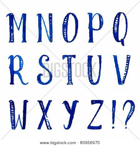 English watercolor decorative alphabet with hand drawn tall letters. Vector font.