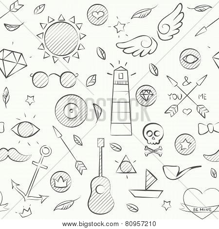 Hand Drawn Hipster Seamless Pattern Over White