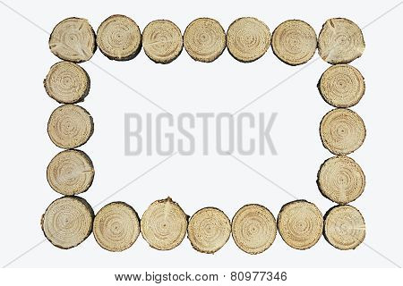 Frame of fir wooden dice on white background