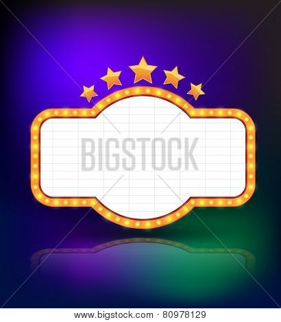 Retro vintage frame for banner promotion with star - light bulb shimmering casino or cinema theater sign. Vector illustration.