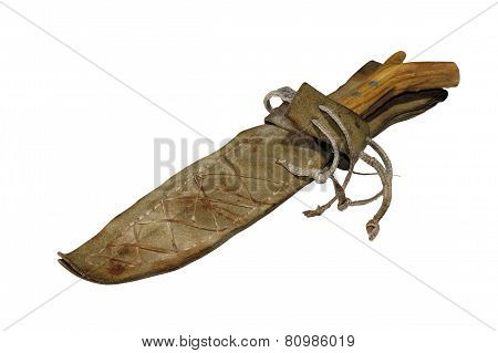 Old Hunting Knife In Leather Scabbard
