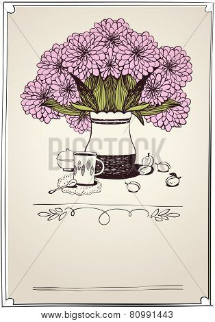 retro card with tea, apricot and bouquet of chrysanthemums. eps10