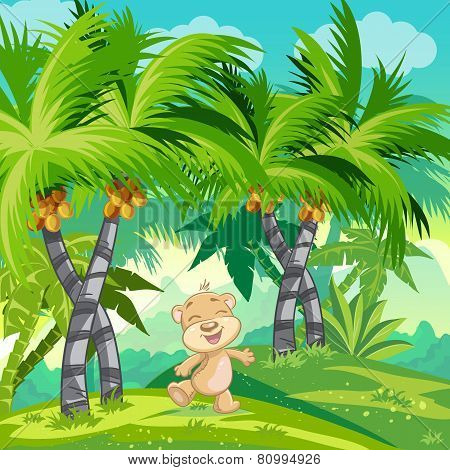 Children's illustration with a happy teddy bear in the jungle.