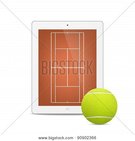 White vector tablet with tennis ball and field on the screen.