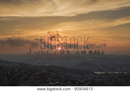 View of Istanbul during sunset with Skyscrapers and over populated urban architecture