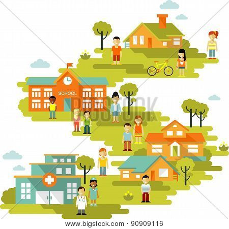 Small town urban landscape background in flat style